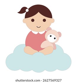 Menina adorável sentada em uma nuvem com seu ursinho de pelúcia em estilo vetor plano. Perfeito para convites de chá de bebê. Formato imprimível e escalável, ideal para vários projetos e decorações.