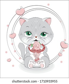 adorable baby gray cat, kitten with blue eyes on white background. Picture in hand drawing cartoon style, for t-shirt wear fashion print design, greeting card, postcard. baby shower. party invitation