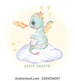 Adorable baby green dragon spilt fireball watercolour, whimsical children animal nursery illustration