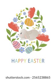 Adorable baby greeting card with funny bunny in spring flowers and decorative colorful easter eggs on white background. Vector illustration for poster, invitation, card or fabric