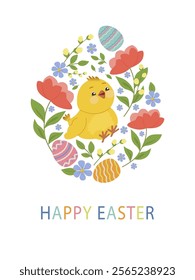 Adorable baby greeting card with funny yellow chick in spring flowers and decorative multicolored easter eggs on white background. Vector illustration for poster, invitation, card or fabric