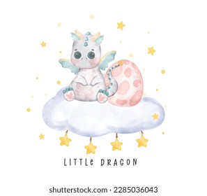 Adorable baby grey dragon sitting on fluffy cloud little dragon watercolour, whimsical children animal nursery illustration