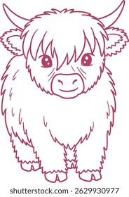 Adorable Baby Highland Cow in Profile – Cute and Fluffy Farm Animal Line Art

