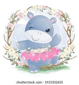 Adorable baby hippo in the garden illustration