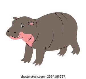 Adorable baby hippo standing and smiling. Hand drawn wild cute cub in flat design, isolated vector illustration