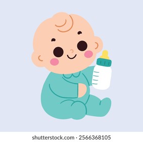 Adorable Baby Holding Milk Bottle Cartoon Illustration Infant Newborn Cute