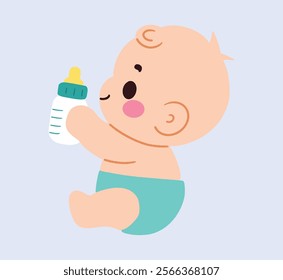 Adorable Baby Holding Milk Bottle Infant Child Cute Cartoon Illustration Nursery Art Newborn