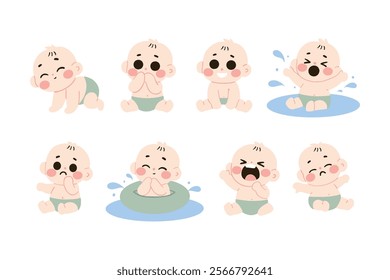 Adorable Baby Illustrations Crawling Playing Swimming and Various Expressions