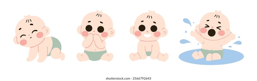 Adorable Baby Illustrations Crawling Sitting Happy and Crying in Diapers