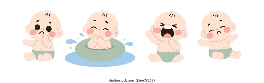 Adorable Baby Illustrations Diverse Emotions Swimming and Playing