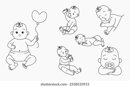 Adorable baby illustrations in outline style featuring playful poses like sitting, sleeping, drinking milk, and holding a balloon. Perfect for nursery art, greeting cards, and children’s projects.
