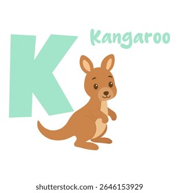 Adorable baby kangaroo next to big green letter k perfect for kids learning alphabet and decorating preschool spaces