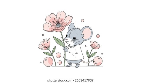 Adorable baby koala holding a delicate flower surrounded by soft pink blossoms in a whimsical watercolor style