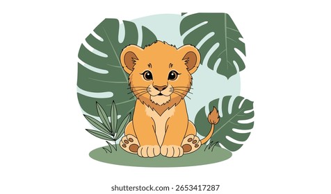 Adorable baby lion cub sitting amongst lush tropical green leaves on a beautiful sunny day