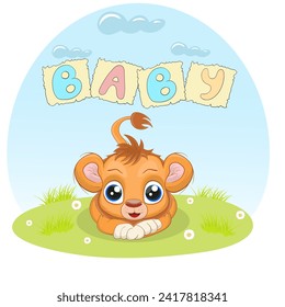 Adorable baby lion lying on the grass, vector illustration. Happy baby lion, Perfect illustration for t-shirt wear print design, greeting card, baby shower, party invitation and much more