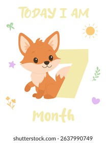 Adorable baby milestone illustration with smiling fox and number seven perfect for monthly photos and nursery decor.