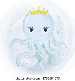 水彩効果の赤ちゃんタコのかわいらしいイラスト かわいい保育園アート 海の生き物の漫画イラスト のベクター画像素材 ロイヤリティフリー Shutterstock
