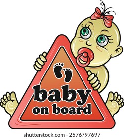 Adorable baby with pacifier and bow holding a baby on board sign.