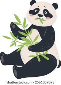 Adorable baby panda bear sitting with legs crossed, holding and eating fresh green bamboo branches, isolated illustration on white background