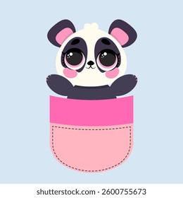 Adorable baby panda with big eyes sitting in a pink pocket on a pastel background. Perfect for children's prints, stickers, textiles, nursery decor, cute merchandise, and greeting cards