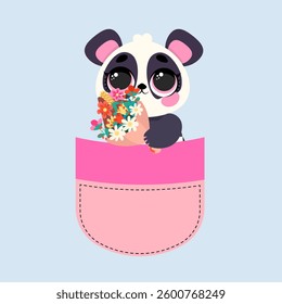 Adorable baby panda with big eyes holding a bouquet of flowers inside a pink pocket. Cute and charming illustration perfect for greeting cards, textiles, prints, Valentine's Day, and kawaii designs