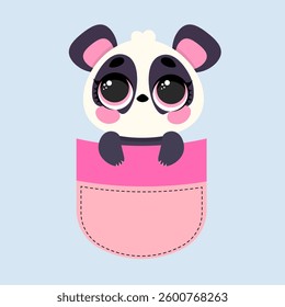 Adorable baby panda with big shiny eyes peeking out from a pink pocket. Perfect illustration for textiles, greeting cards, stickers, children's prints, and kawaii-themed designs
