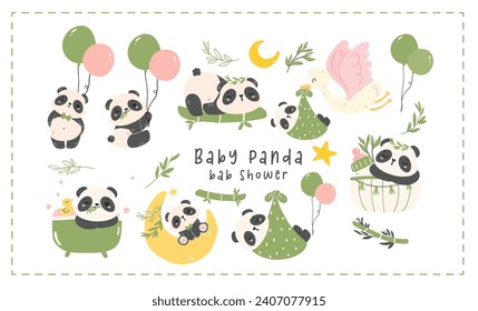 Adorable Baby Panda Cartoon nursery baby shower element set illustration.