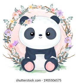 Adorable baby panda in the garden illustration