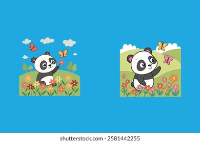 Adorable baby panda playing with colorful butterflies in a vibrant flower field. Perfect for children's designs, prints, and digital projects. High-quality vector illustration.