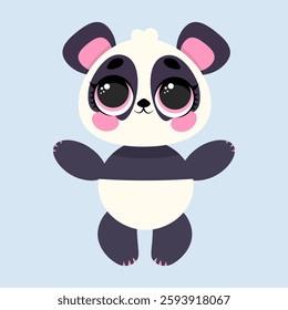 Adorable baby panda standing with open arms, big sparkling eyes, and a sweet, inviting expression