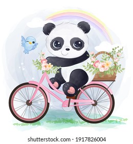 Adorable baby panda in watercolor illustration