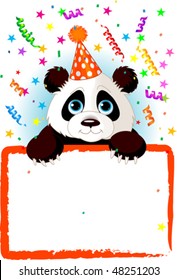 Adorable Baby Panda Wearing A Party Hat, Looking Over A Blank Starry Sign With Colorful Confetti