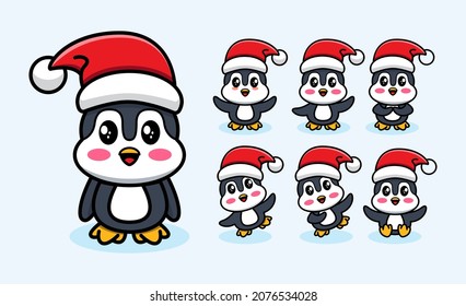 Adorable Baby Penguin With Christmas Hat in Doodle Style