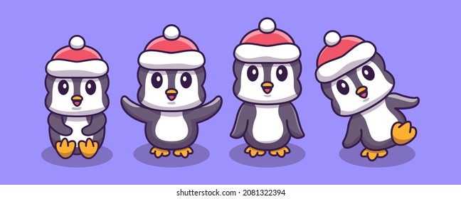 Adorable Baby Penguin With Christmas Hat in Doodle Style