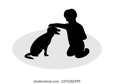 Adorable baby petting cute dog. Baby and dog silhouettes. Black vector illustrations.