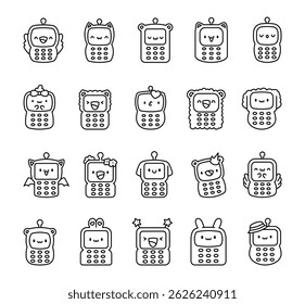 Adorable baby phone character set with smiling faces, funny emotions, cute wings, hats, buttons, antennas, hearts, flowers, crowns for yours creative projects