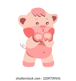 adorable baby piggies blow kiss in sweet   charming style  Cute piglet  Vector illustration flat white background  Cartoon suitable for print shirt  postcard  printable stationery  etc 