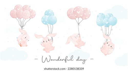 Adorable baby pink bunny flying with balloons nursery children watercolour hand painting banner