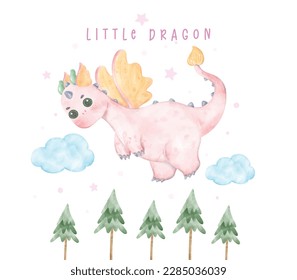 Adorable baby pink dragon flying on tree little dragon watercolour, whimsical children animal nursery illustration