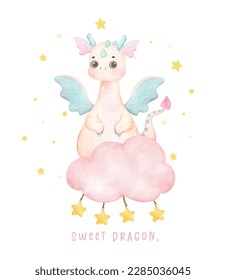 Adorable baby pink dragon standing on fluffy cloud sweet dragon watercolour, whimsical children animal nursery illustration