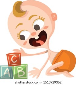 Adorable Baby Playing with Cubes Cartoon Illustration