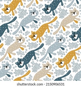 Adorable baby print with cats. Pattern with kittens in cartoon Scandinavian style on white background for fabrics, cute textiles, funny bedding, nursery wallpapers. Kid's pets. Animals sleep sweetly.