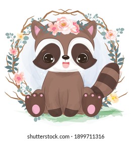 Adorable baby raccoon in the garden illustration