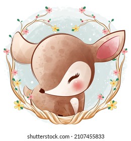 Adorable baby reindeer illustration in watercolor illustration