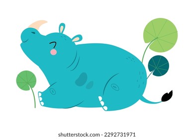 Adorable baby rhino. Cute wild animal cartoon vector illustration