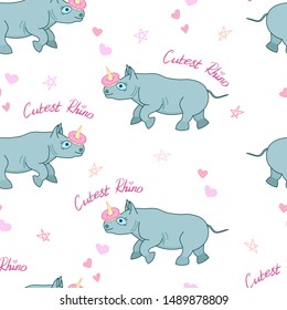 adorable baby rhino with stars and hearts background, seamless pattern, cute cartoon animal, editable vector illustration