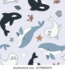 Adorable baby sea animals seamless pattern