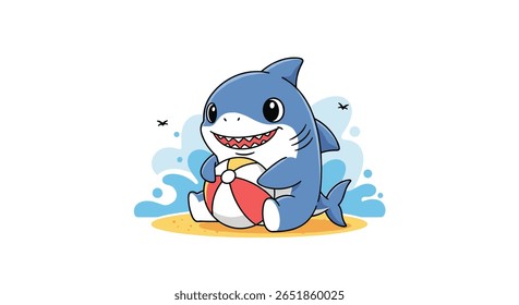 Adorable Baby Shark Enjoying a Fun Day at the Sandy Beach with a Colorful Ball