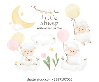 Adorable baby sheep with element Decor baby shower For nursery birthday kids Print for invitation card Poster Template Watercolor style