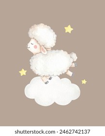 Adorable baby sheep jumping on the cloud, cute watercolor illustration for kids, baby nursery room wall art